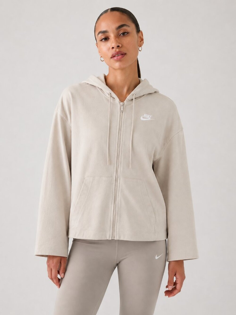 Nike‎ Sportswear Essential Boxy Full Zip Hoodie 100% Cotton Wide Sleeve Cream S